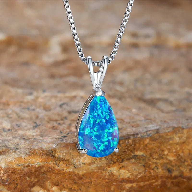Boho Opal Teardrop Necklace – Silver, Blue-Green
