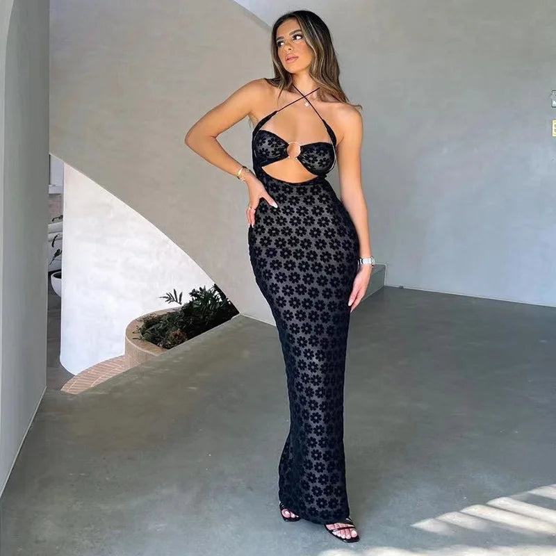 Hollow Halter Neck See-Through Maxi Dress