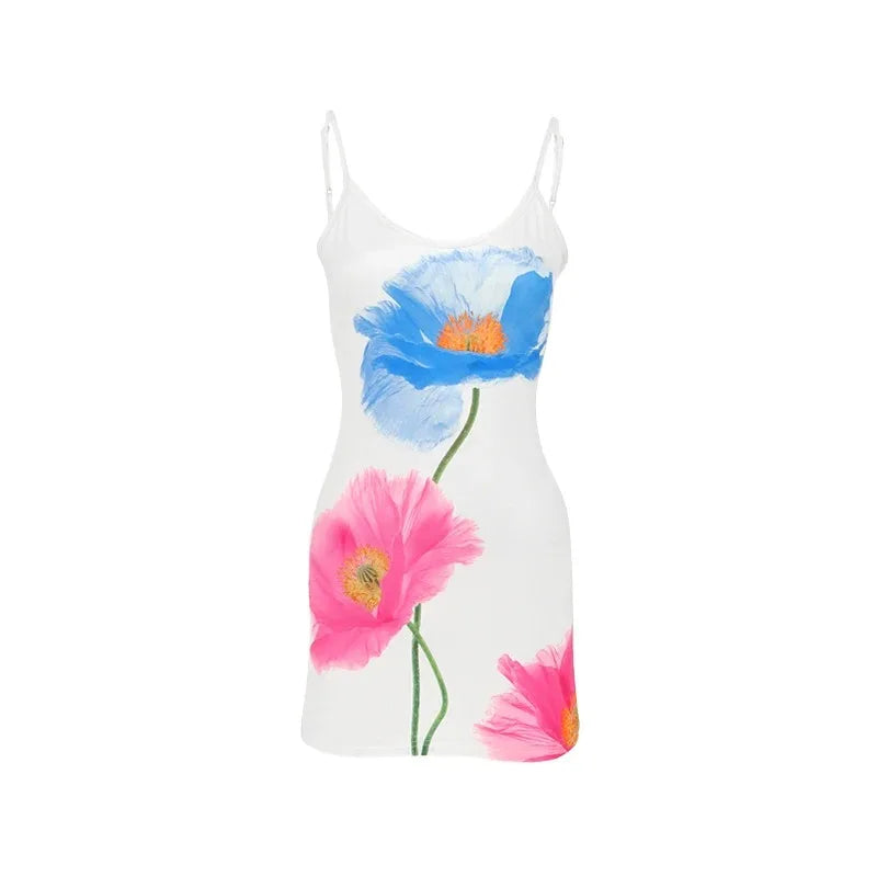 Women's White Printed O-Neck Mini Dress - Summer Streetwear Style