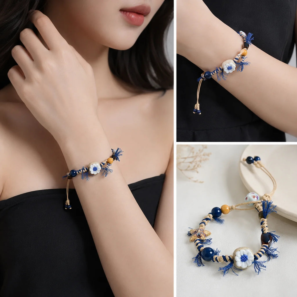 Handmade Ceramic Sunflower Bracelet – Adjustable Wax Cord Boho Floral Jewelry for Women