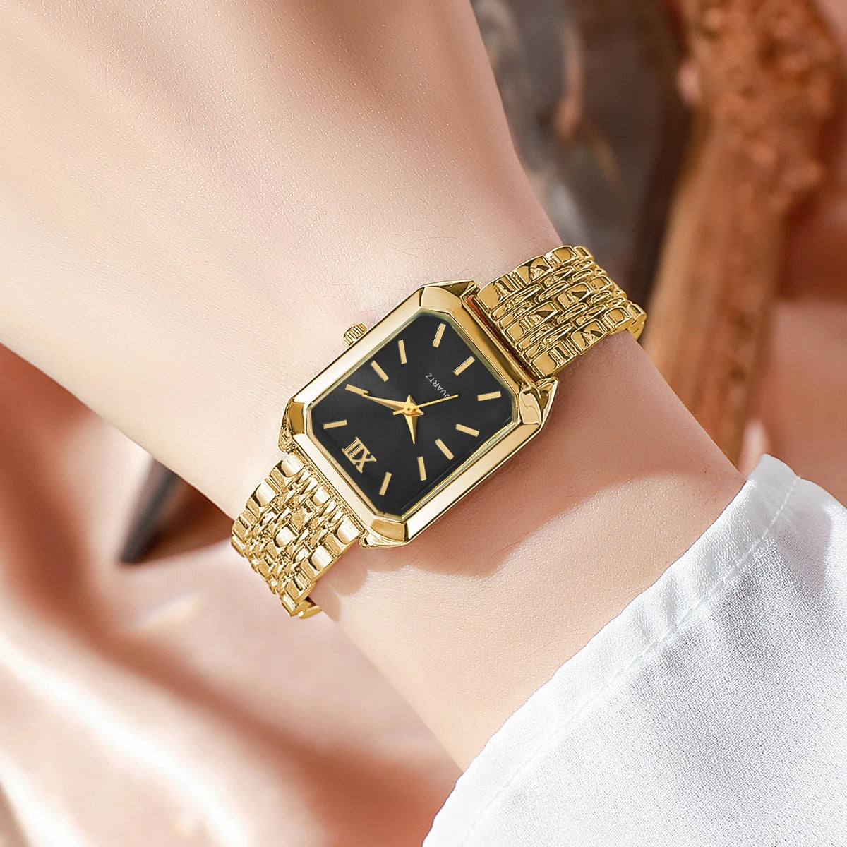 Elegant Rectangle Women's Quartz Watch & Rhinestone Heart Jewelry Set – 6PCS Ladies Wristwatch