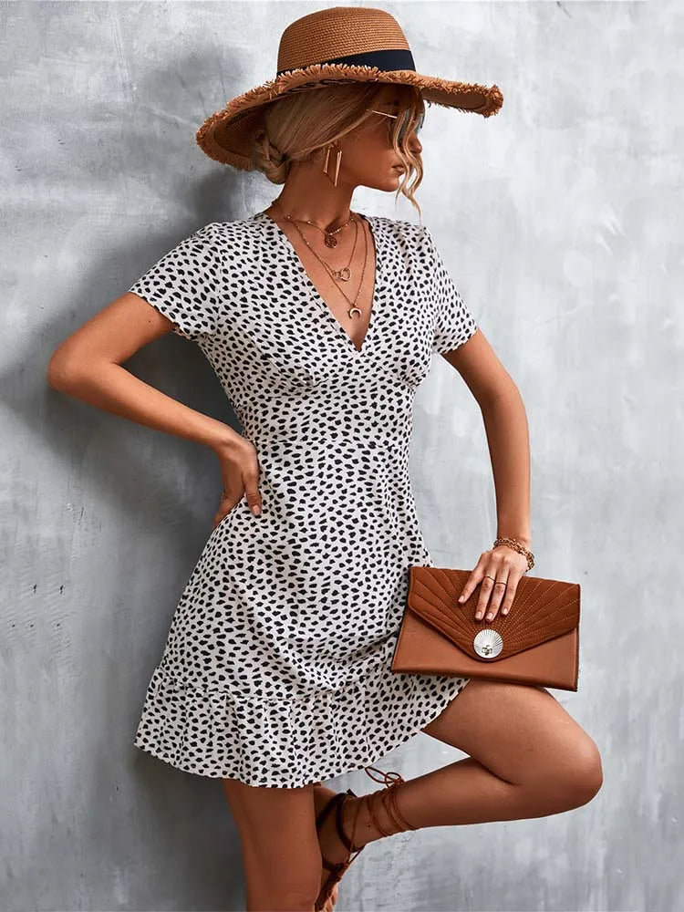 Boho Floral Print V-Neck Mini Dress