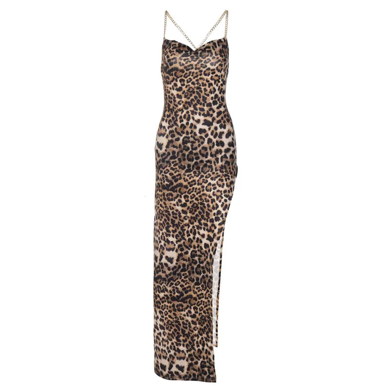 Leopard Print Chain Strap Maxi Dress