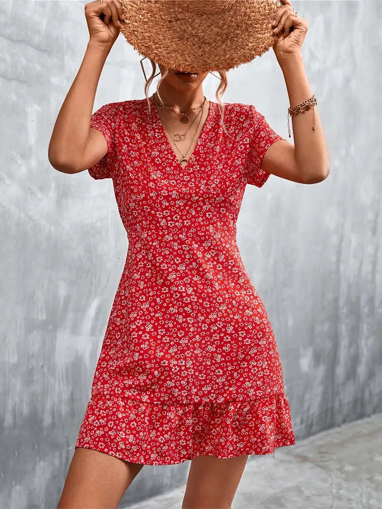 Boho Floral Print V-Neck Mini Dress
