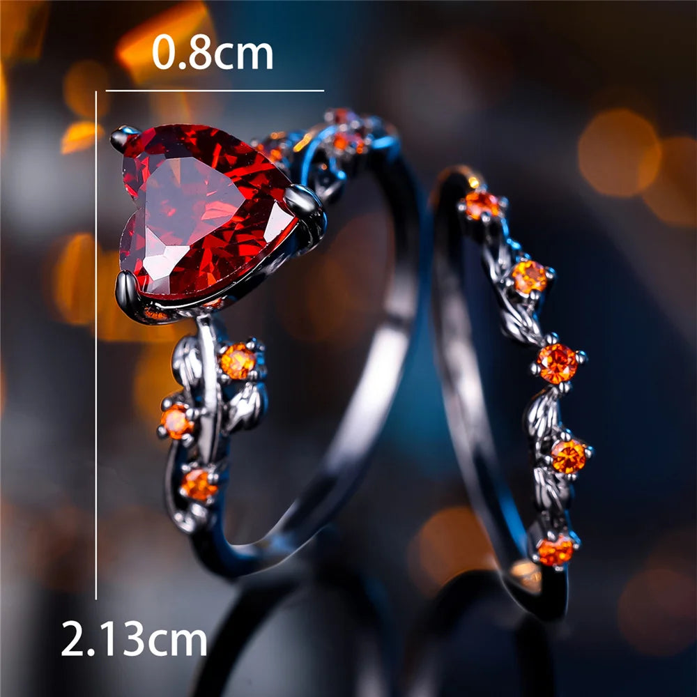 Black Red Zircon Heart Engagement Ring Set for Women, Vintage Black Gold Color, Bridal Wedding Bands