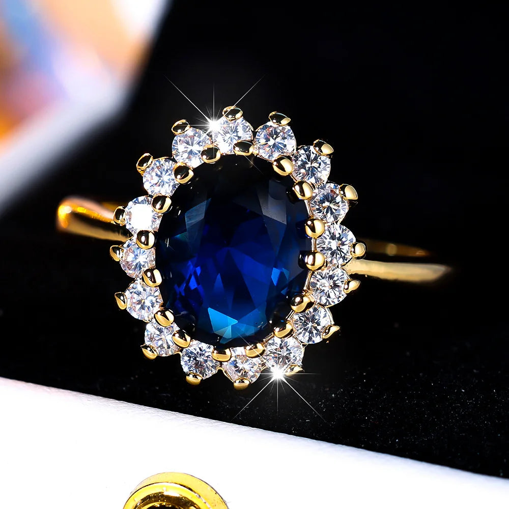 Luxury Crystal Blue Oval Zircon Engagement Ring for Women