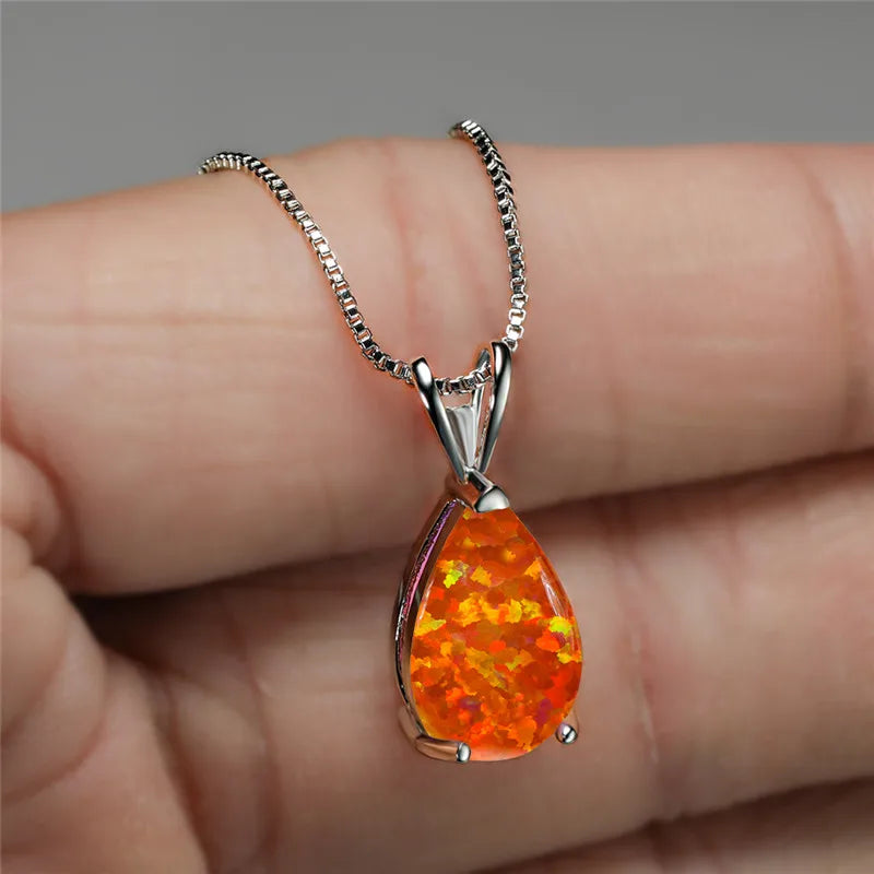 Boho Opal Teardrop Necklace – Silver, Blue-Green