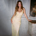 Women's Retro V-Neck Yellow Flower Print Maxi Dress - Sleeveless High Waist Long Dress