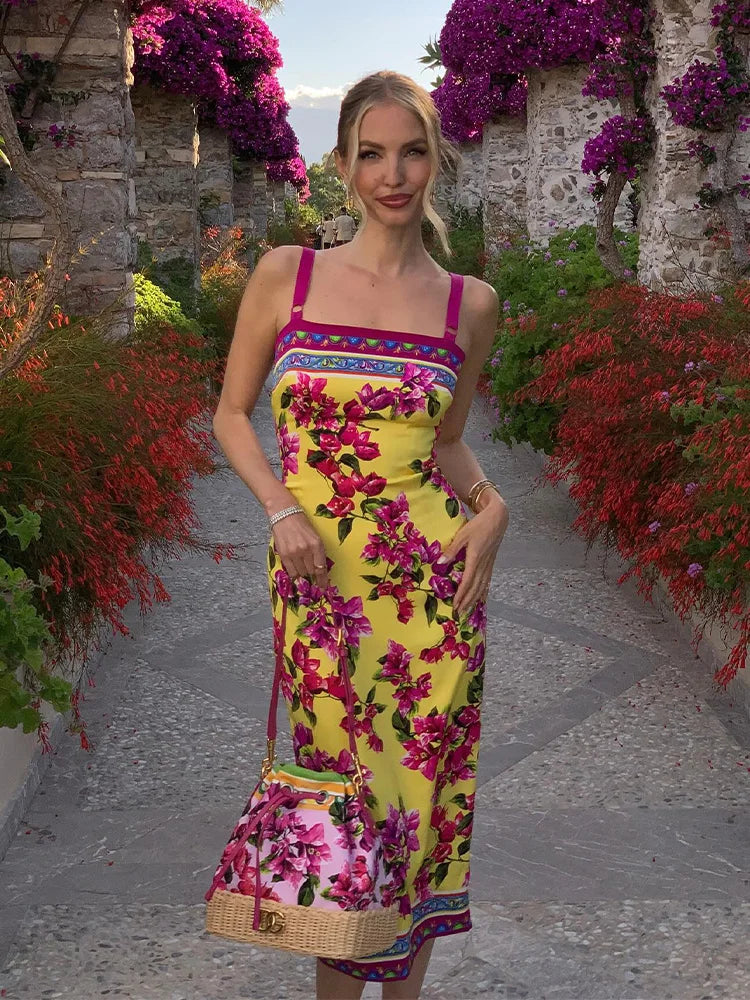 Floral Print Dresses For Women Fashion Sexy Streetwear Prairie Chic Straps Sleeveless Slash Neck Slim Fit Midi Vestidos Robes