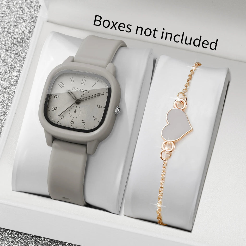 Fashion Arabic Dial Women's Quartz Watch & Heart Bracelet Set – 2PCS Square Silicone Wristwatch