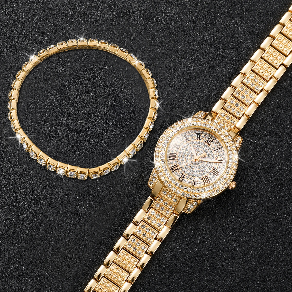 Luxury Full Diamond Women's Quartz Watch & Bracelet Set – 2PCS Gold Steel Band Wristwatch