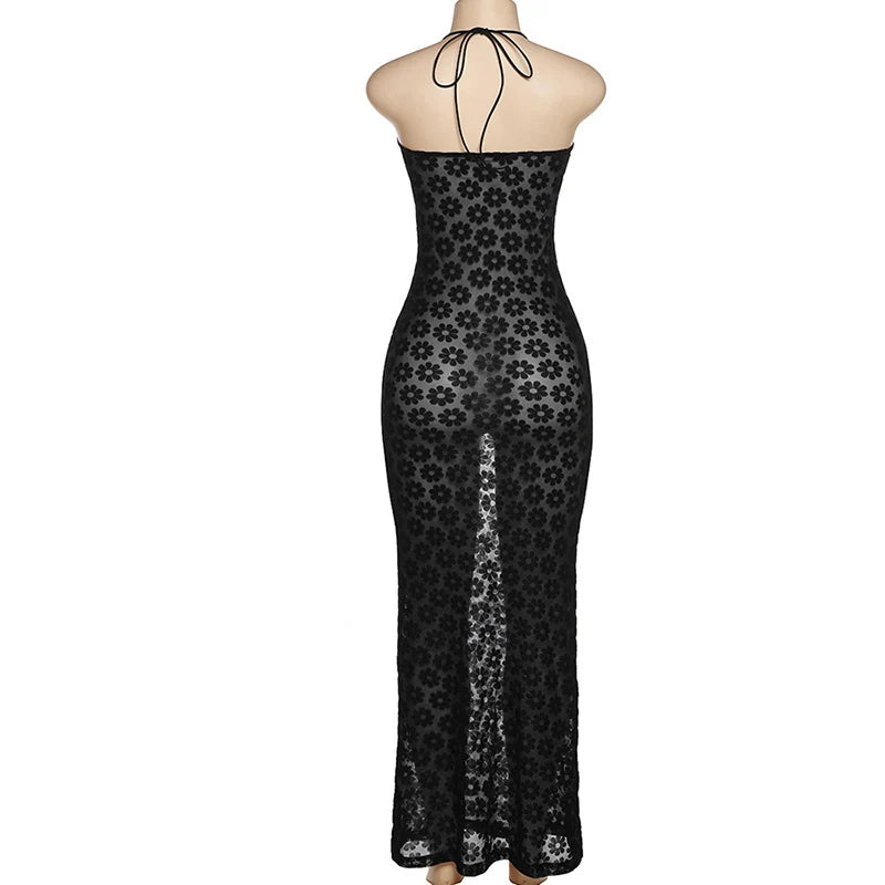Hollow Halter Neck See-Through Maxi Dress