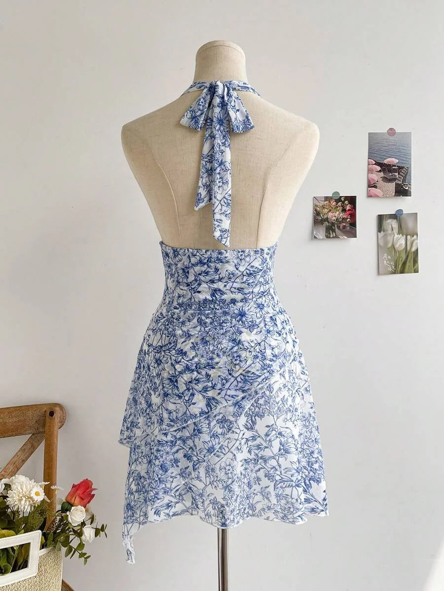 Women's Summer Blue Floral Mesh Dress - V Neck Elegant Slim Fit