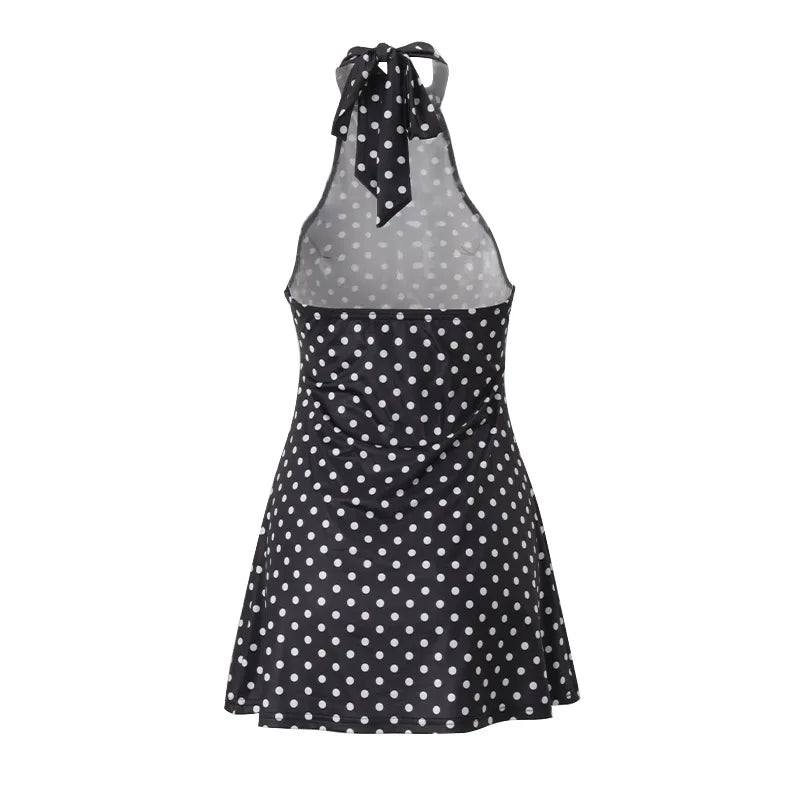 Polka Dot Off Shoulder Backless Halter Mini Dress