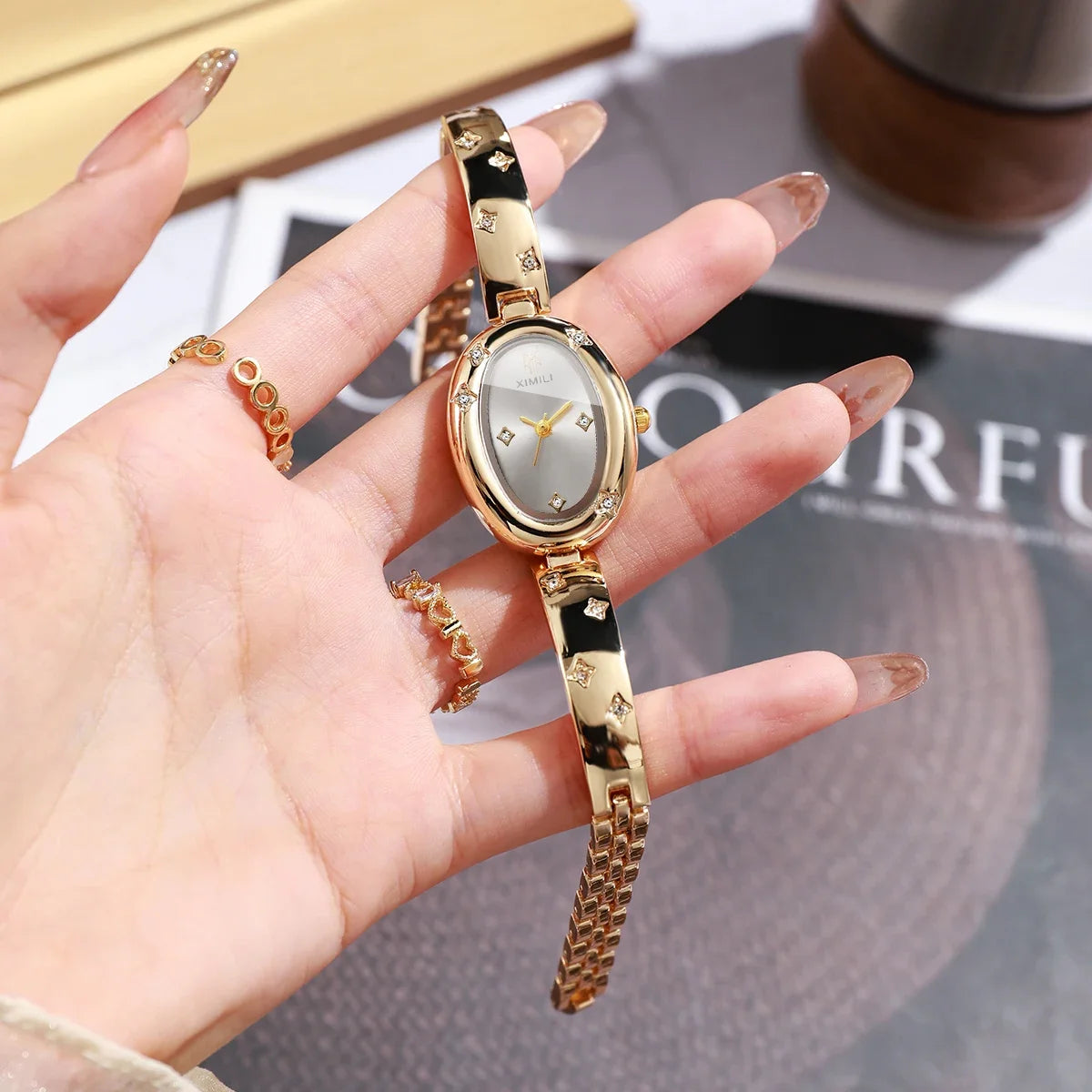 Elegant Oval Dial Women's Rhinestone Bracelet Quartz Watch – Bangle Wristwatch