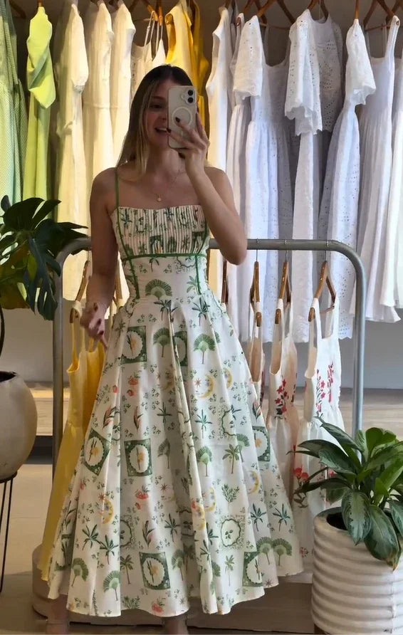 Women's Printed Gathered Swing Midi Dress - Spaghetti Strap High Waist