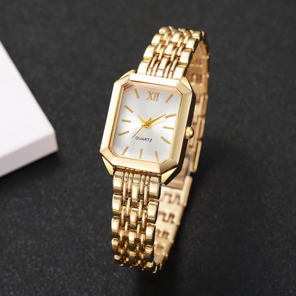 Elegant Rectangle Women's Quartz Watch & Rhinestone Heart Jewelry Set – 6PCS Ladies Wristwatch