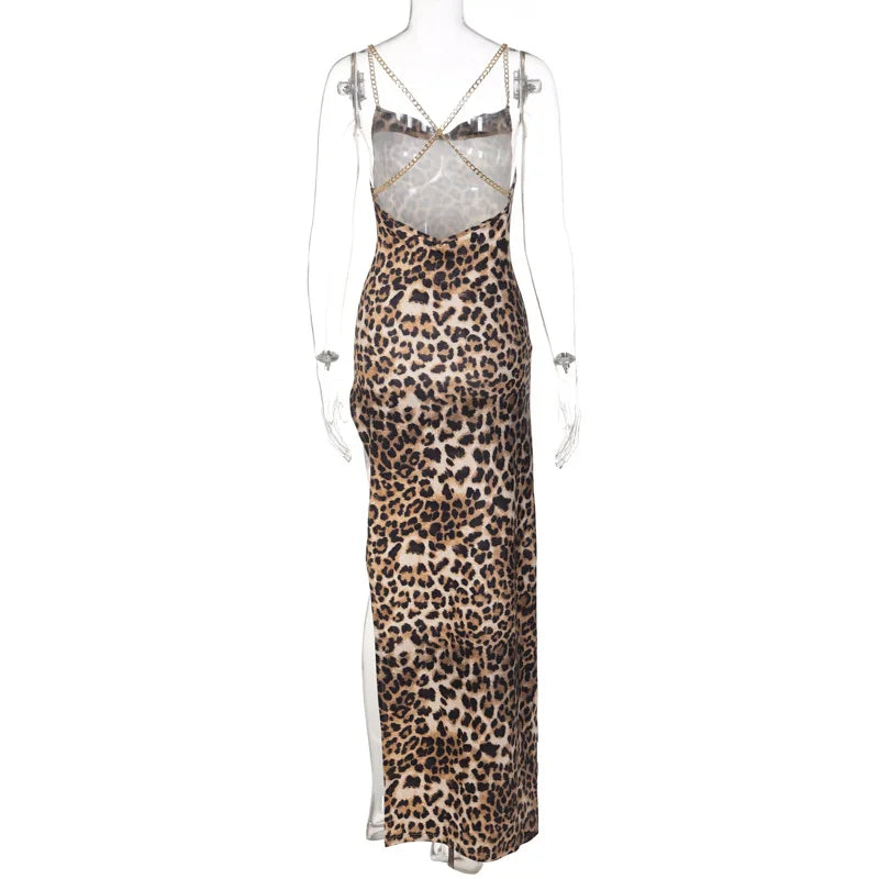 Leopard Print Chain Strap Maxi Dress