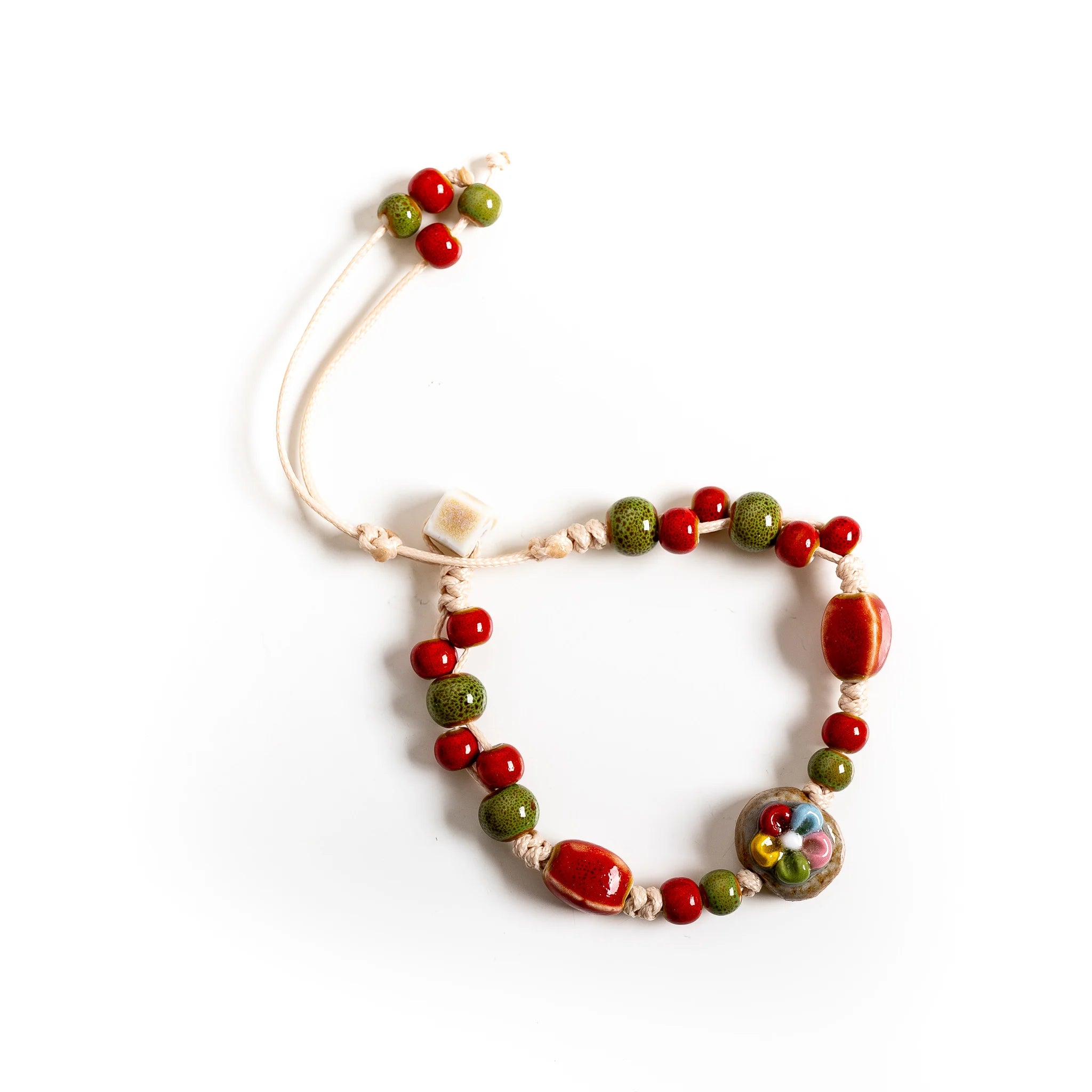 Handmade Floral Stone Ceramic Bracelet – Adjustable Wax Cord Dainty Vintage Jewelry for Women