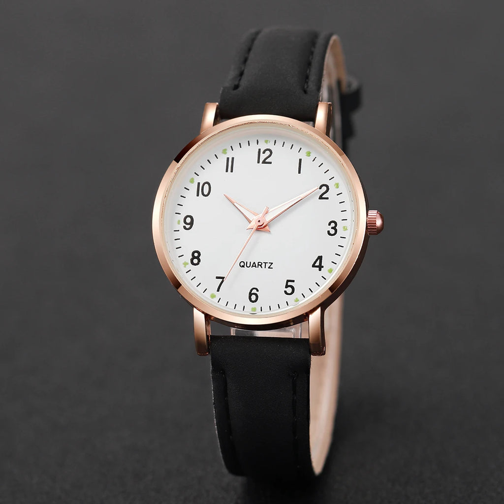 Fashion Women's Leather Quartz Watch & Heart Bracelet Set – 4/6PCS Arabic Dial Wristwatch