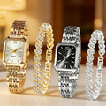 Elegant Rectangle Women's Quartz Watch & Heart Bracelet Set – 4PCS Ladies Wristwatch