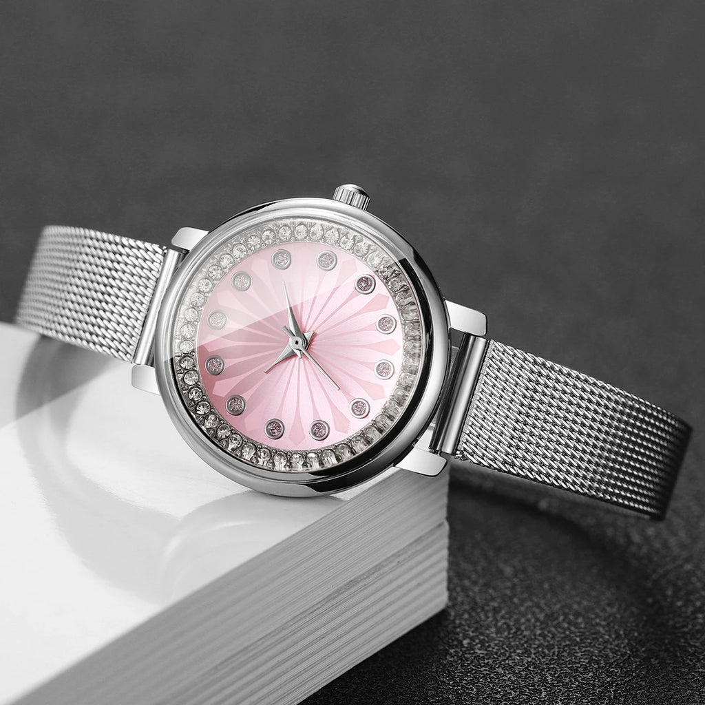 Elegant Women's Rhinestone Quartz Watch – Silver Mesh Strap Dress Wristwatch