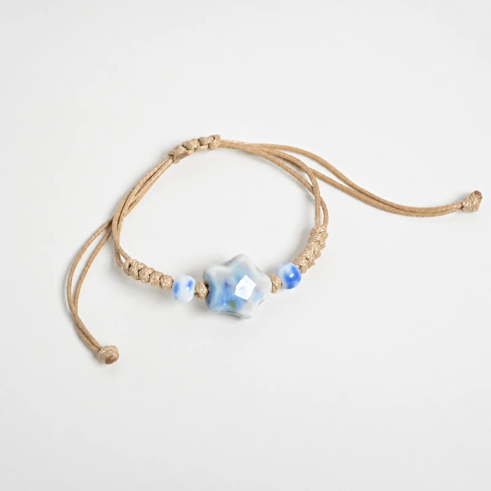 Handmade Blue & Green Star Ceramic Bead Bracelet – Adjustable Woven Wax Cord Artisan Jewelry