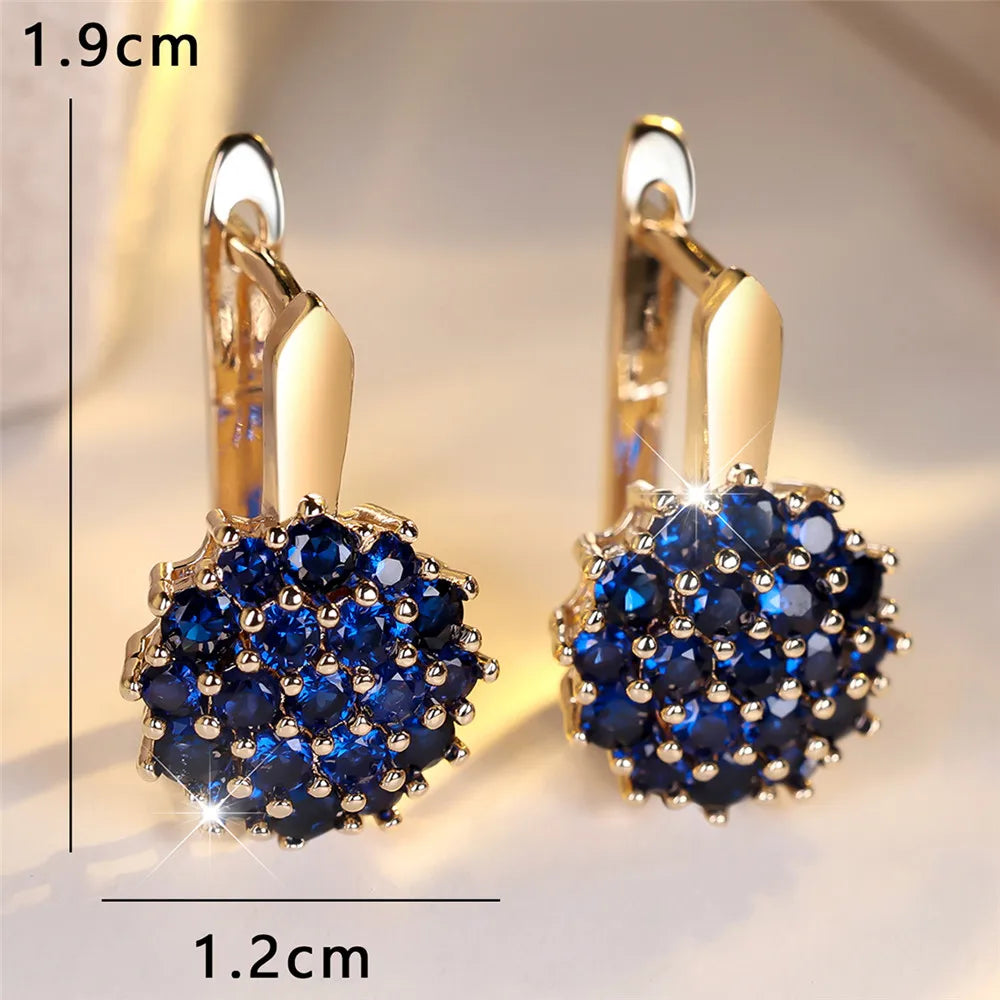 Cute Sunflower Blue Crystal Hoop Earrings for Women, Rose Gold/Silver Color, Wedding Jewelry
