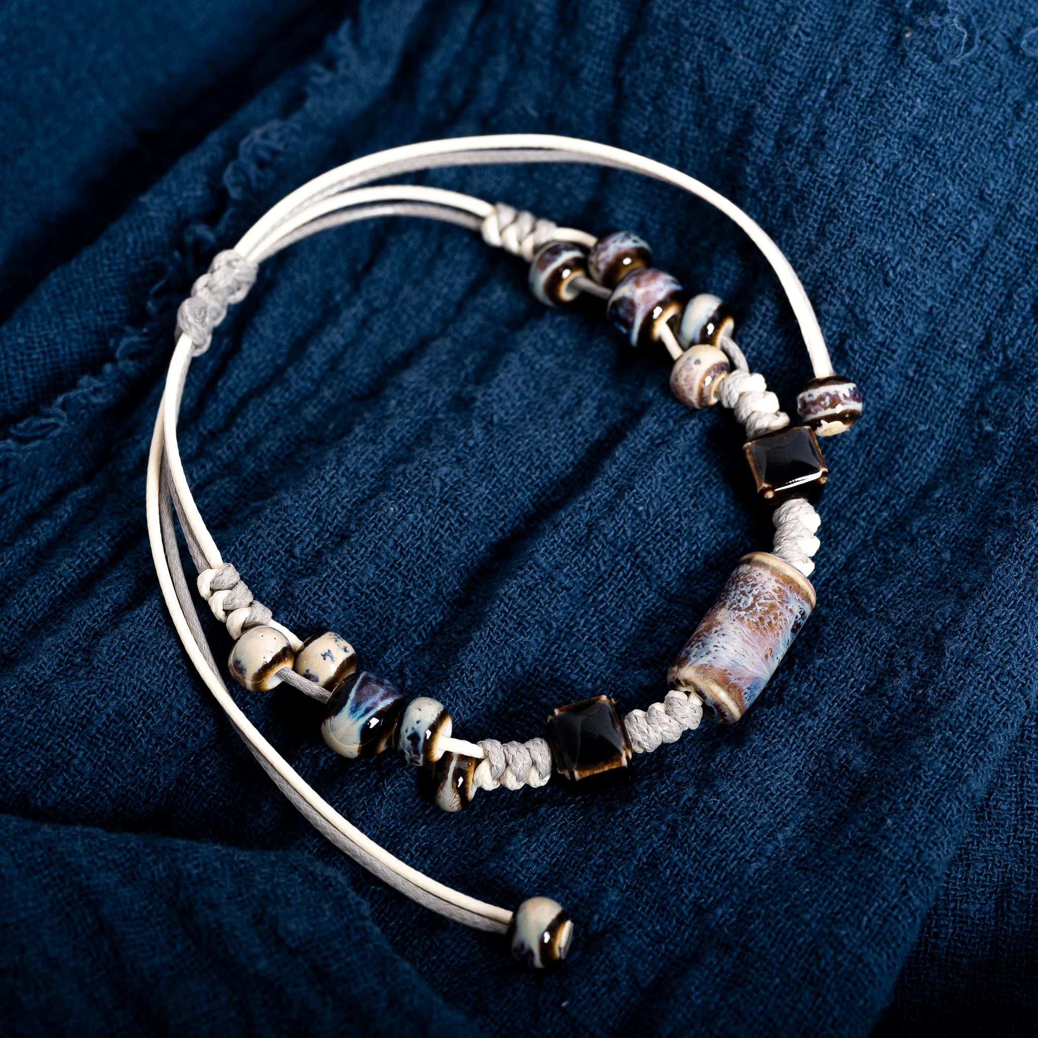 Handmade Vintage Tube Ceramic Bracelet – Adjustable Wax Cord Minimal Natural Jewelry