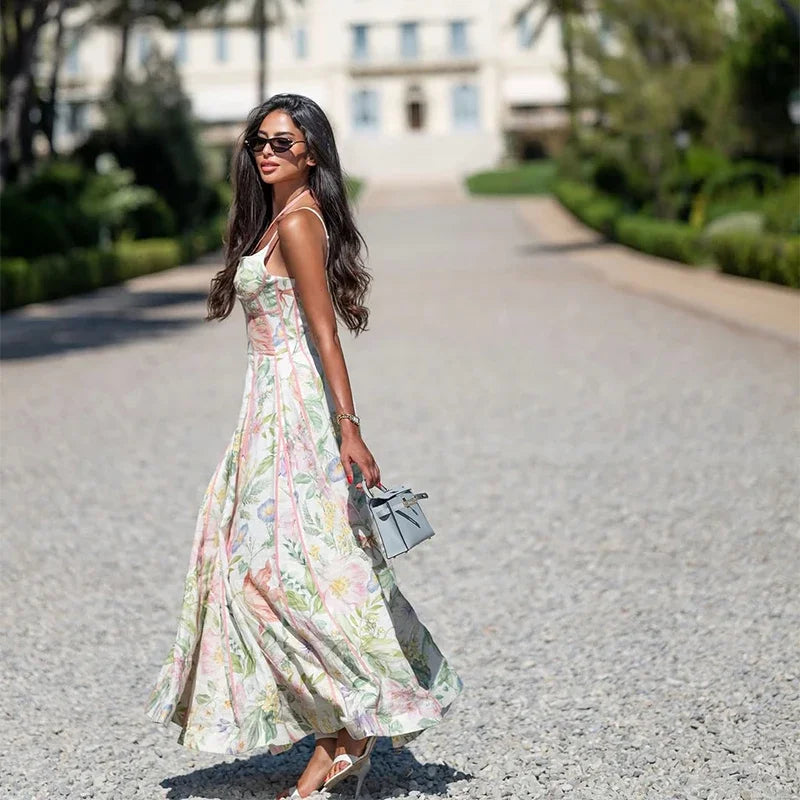 Women's Printed Sleeveless Sling Halter Maxi Dress - Waist Cinching A-line Style