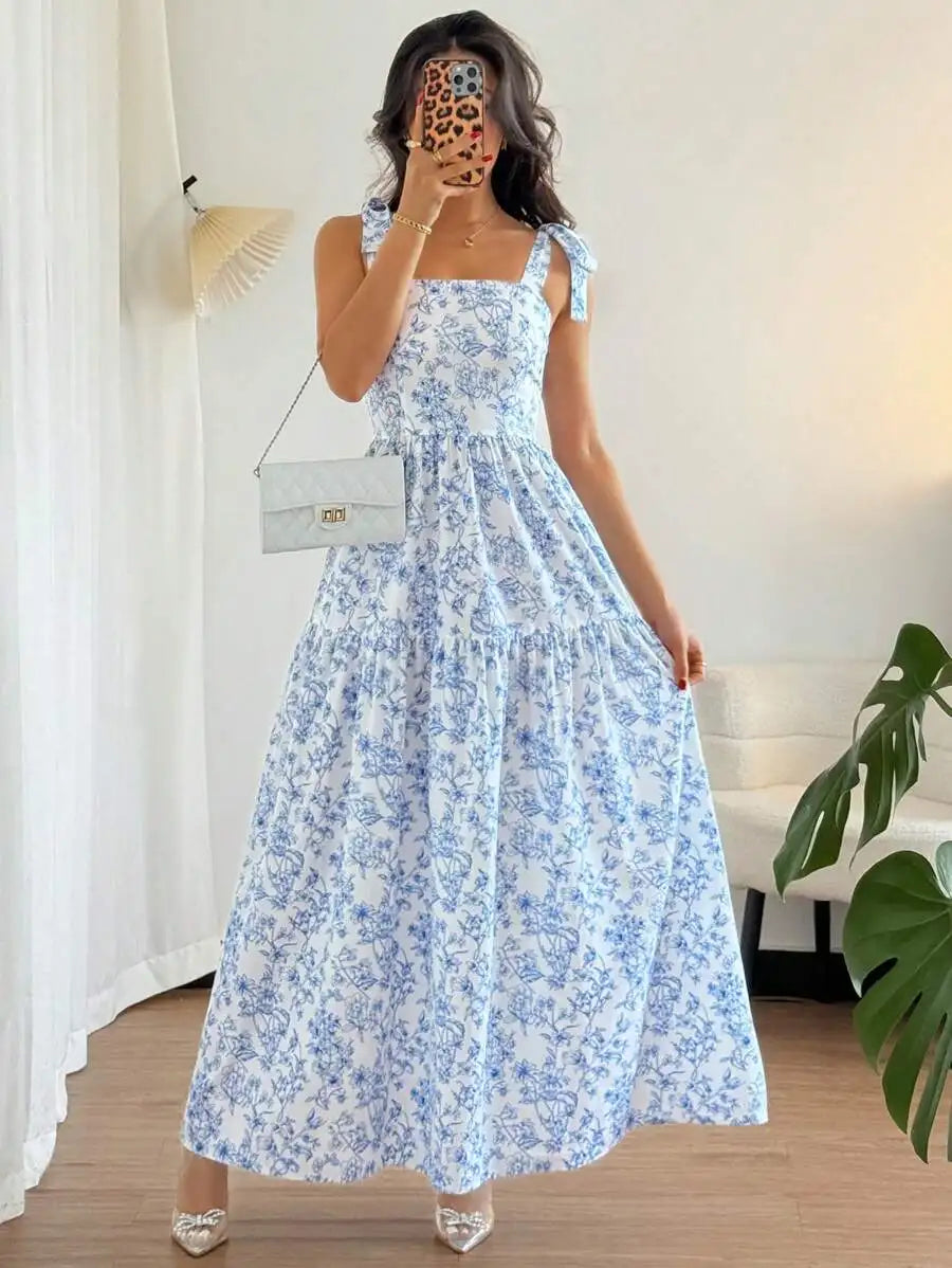 Women's V Neck Pleated Floral Maxi Dress - Sleeveless Ruffle Hem