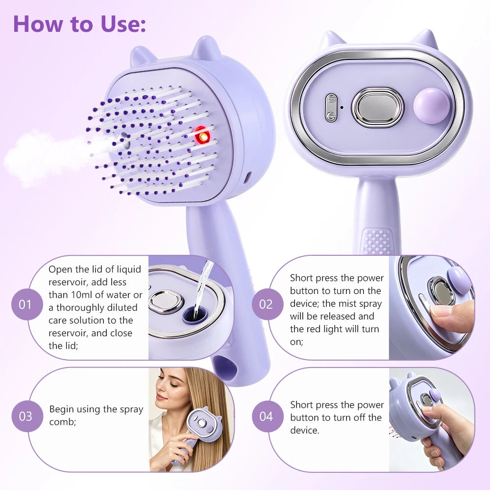 2-in-1 Misting Hair Brush – Water Spray Steam Comb for Frizz-Free Hair