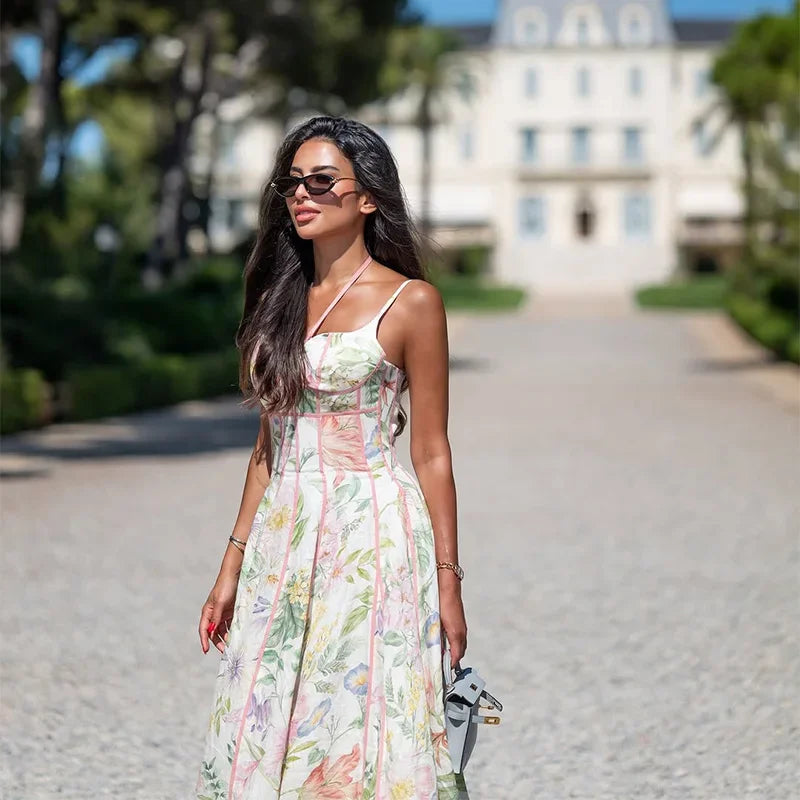 Women's Printed Sleeveless Sling Halter Maxi Dress - Waist Cinching A-line Style