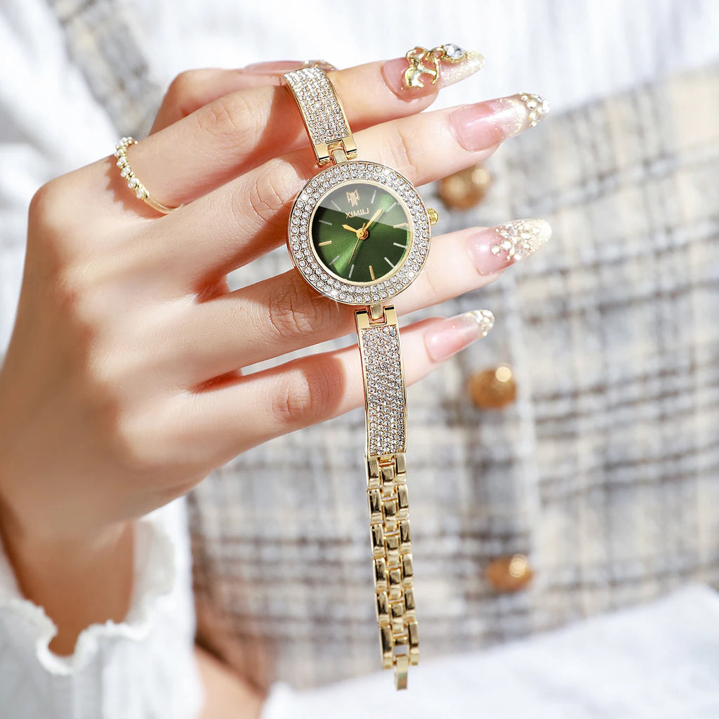 Luxury Rhinestone Bangle Women's Quartz Watch – Full Diamond Bezel Bracelet Wristwatch