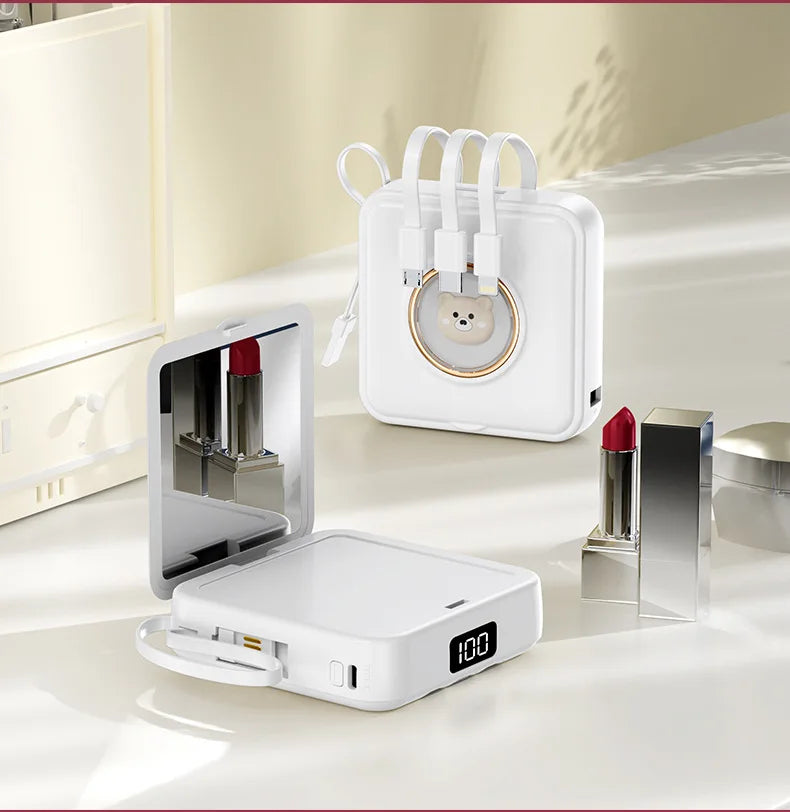 Mini Power Bank 20000mAh – Built-in 4 Cables, Makeup Mirror & Cute Pet Cartoon Design