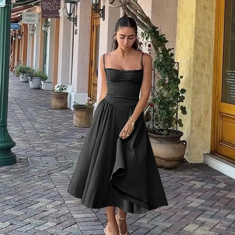 Women's Vintage Floral High Waist A-Line Midi Dress - Green Summer Sundress