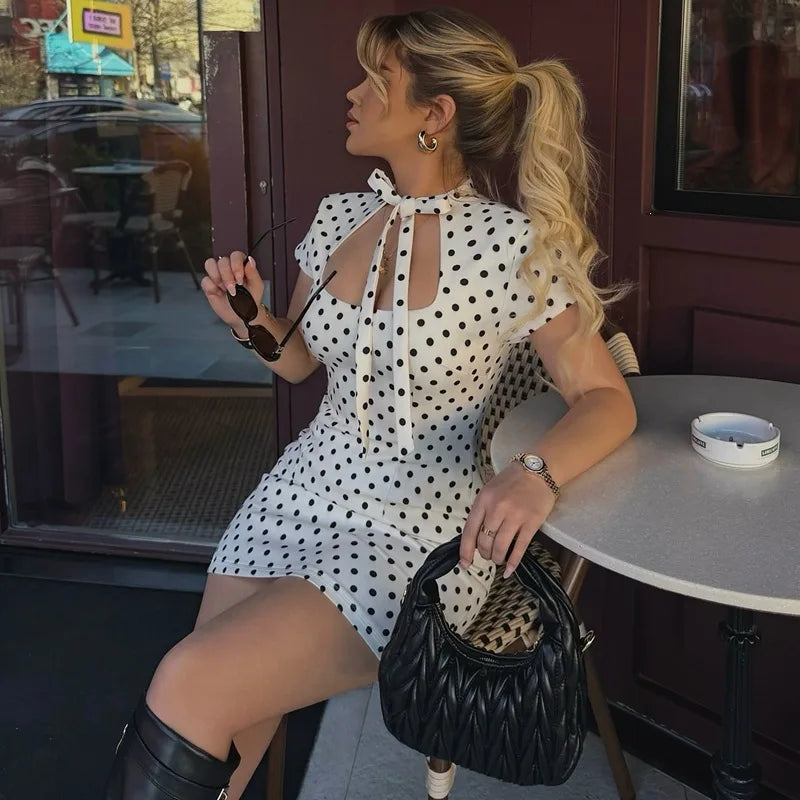 Polka Dot Tie-Up Bodycon Hip Wrap Mini Dress
