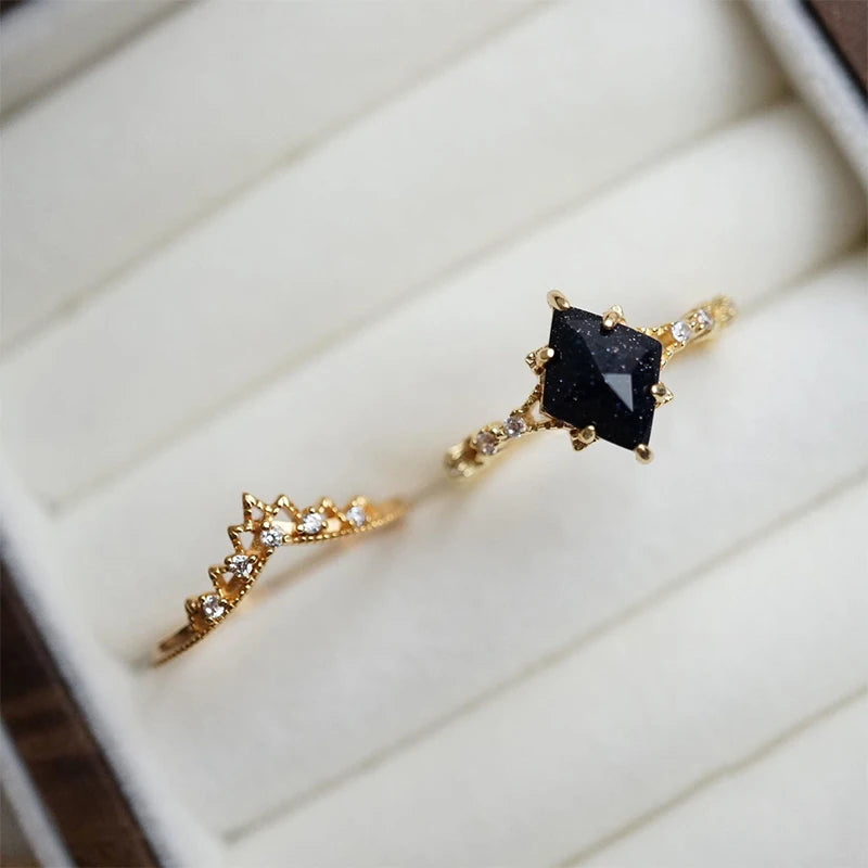 Silver Rhombus Black Crystal Ring – Elegant Geometric Statement Ring