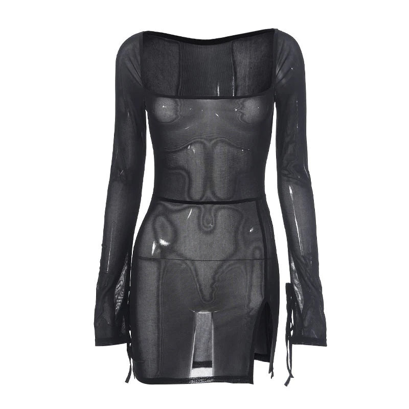 Square Collar Sheer Long Sleeve Mini Dress