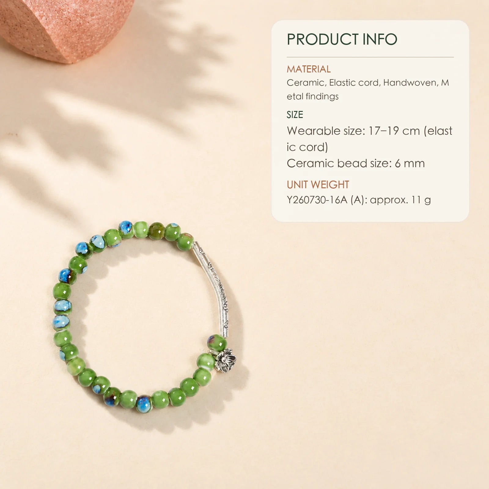 Handmade Green Ceramic Flower Bead Bracelet – Braided Elastic Cord Artisan Jewelry