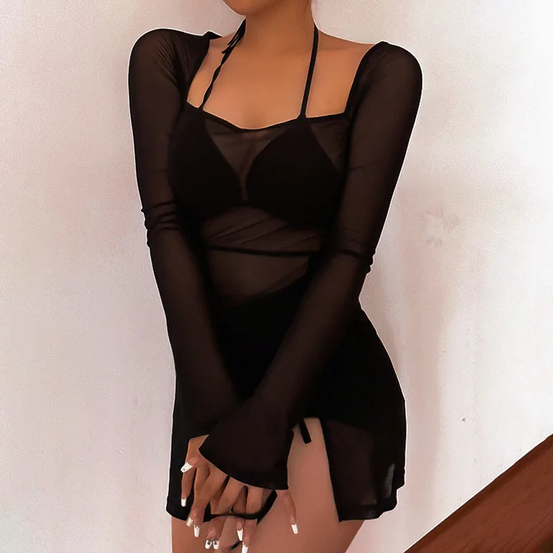 Square Collar Sheer Long Sleeve Mini Dress
