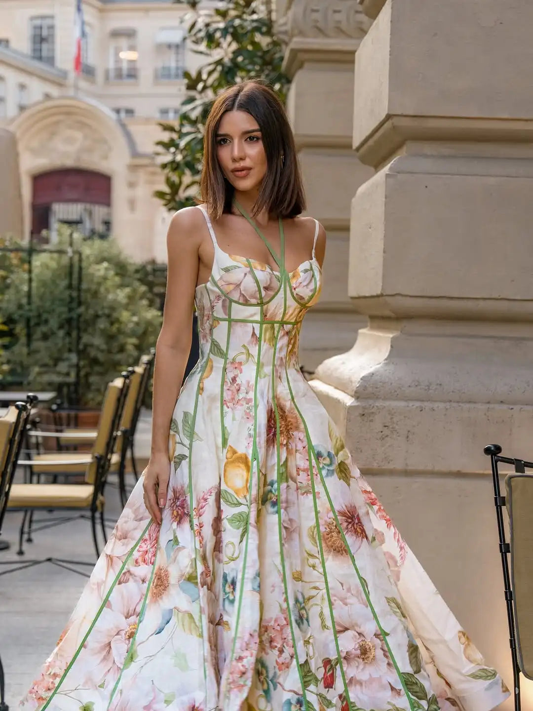 Women's Printed Sleeveless Sling Halter Maxi Dress - Waist Cinching A-line Style