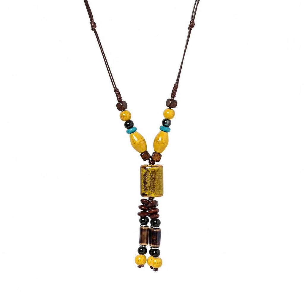 Handmade Ceramic Beaded Pendant Necklace – Adjustable Wax Cord Artisan Jewelry Gift for Women