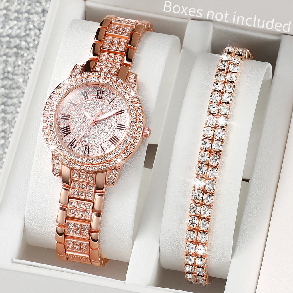 Luxury Full Diamond Women's Quartz Watch & Bracelet Set – 2PCS Gold Steel Band Wristwatch