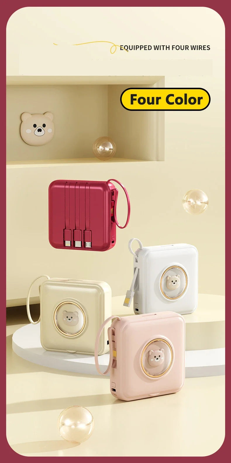 Mini Power Bank 20000mAh – Built-in 4 Cables, Makeup Mirror & Cute Pet Cartoon Design