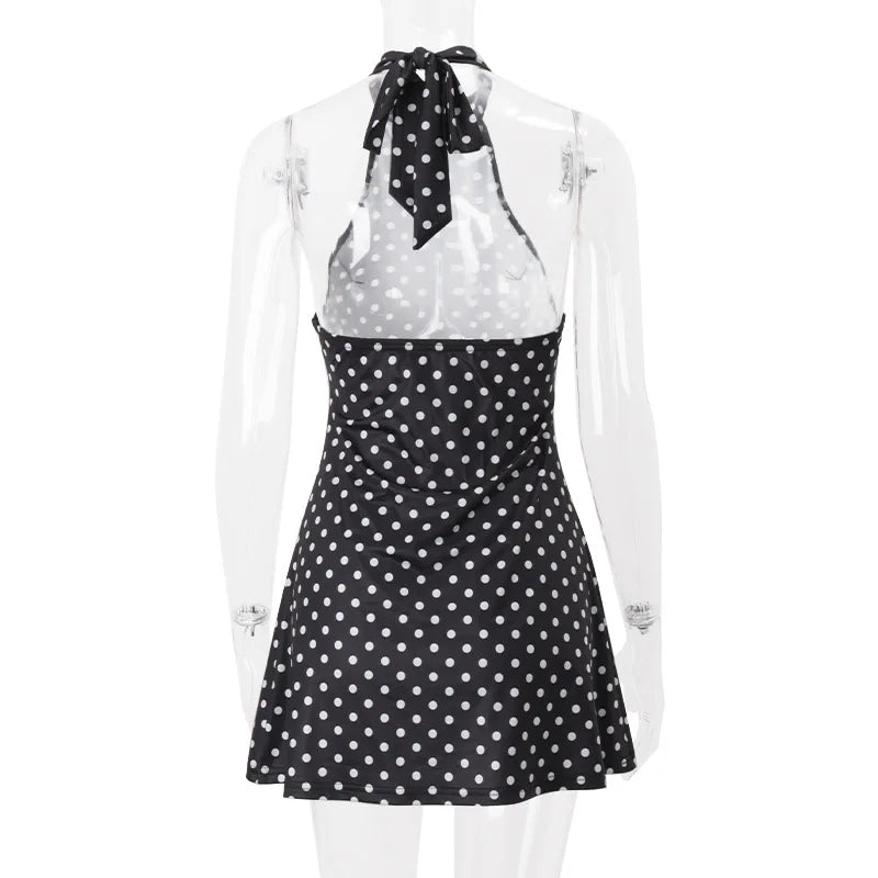Polka Dot Off Shoulder Backless Halter Mini Dress