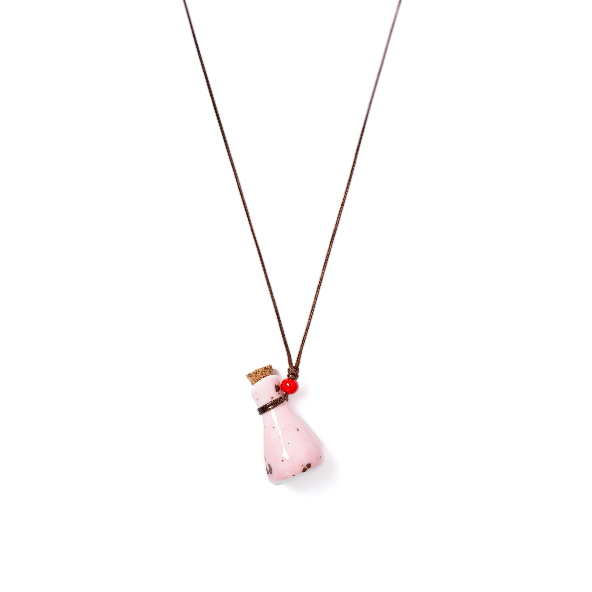Handmade Pink Ceramic Perfume Bottle Necklace – Adjustable Wax Cord Aromatherapy Jewelry