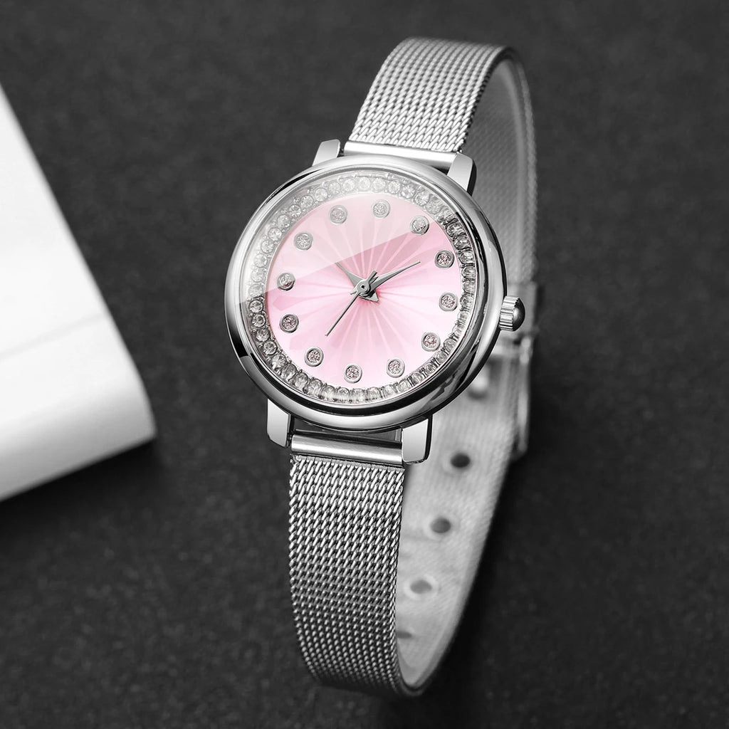 Elegant Women's Rhinestone Quartz Watch – Silver Mesh Strap Dress Wristwatch