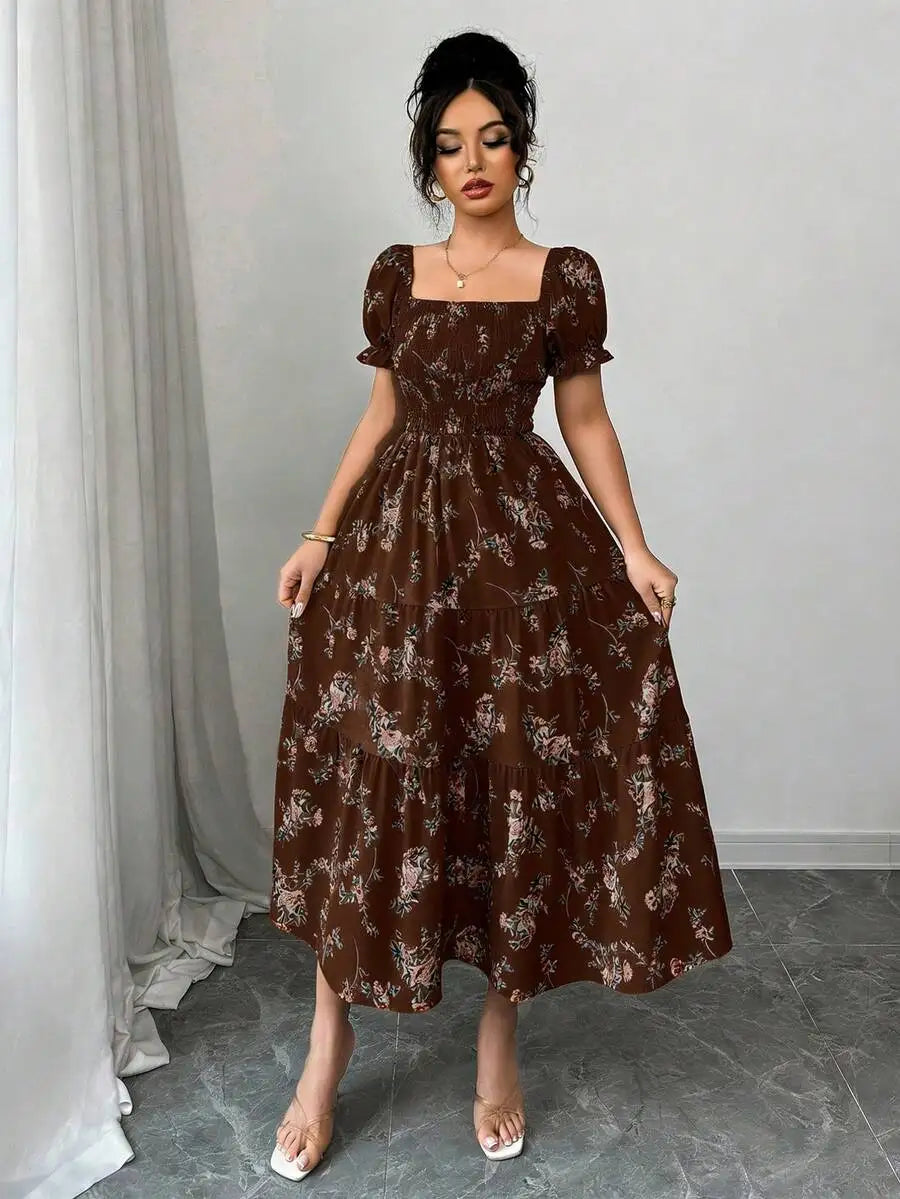 Women's Square Neck Pleated Maxi Dress - Short Sleeve Ruffle Hem