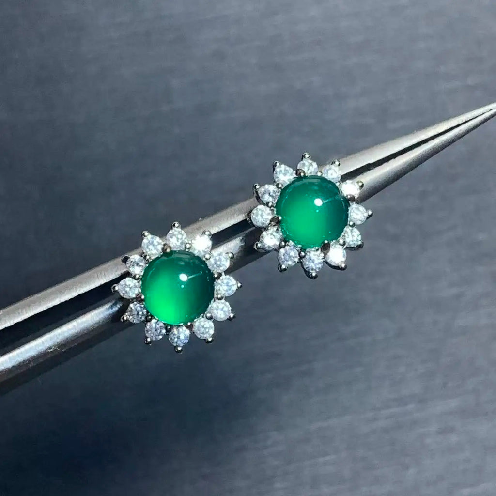 Natural Green Chalcedony Stud Earrings – 925 Sterling Silver for Women